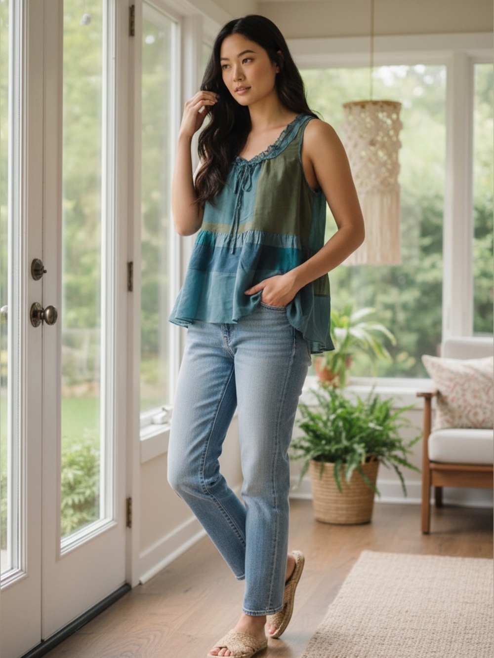 Anthropologie Floreat Silk‎ Patchwork Sleeveless Blouse XS Blue Green Ruffle Top
